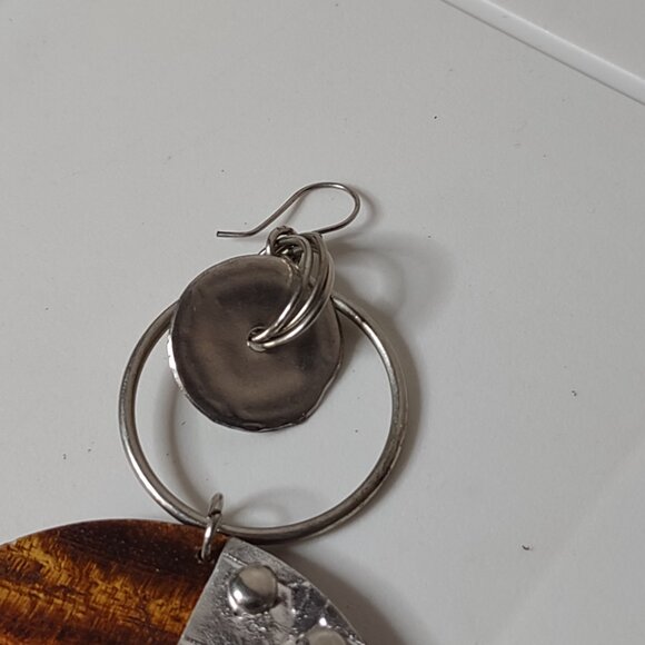 Very Large Wood And Metal Dangle Earrings - Picture 6 of 16